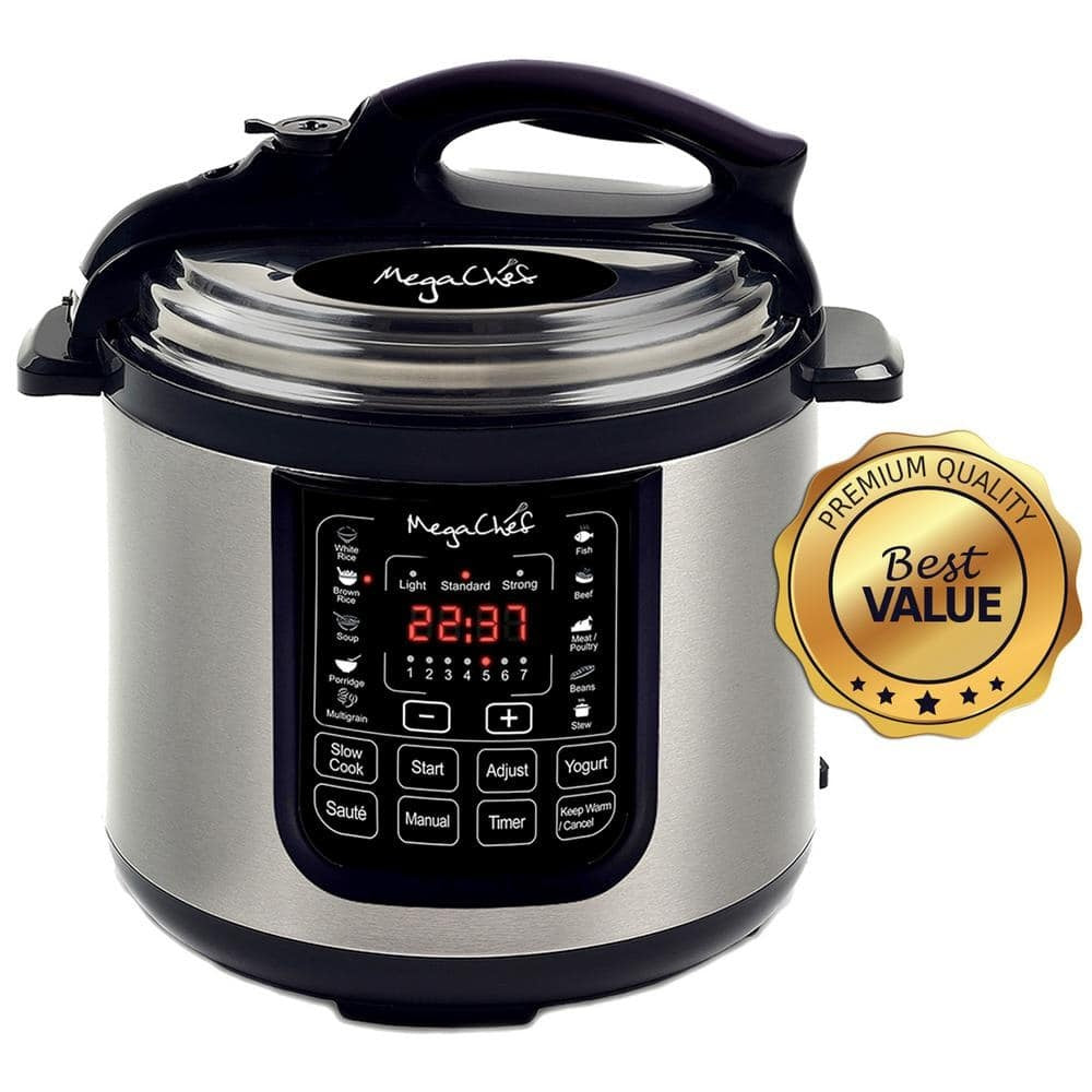 MegaChef 8 Qt Stainless Steel Electric Pressure Cooker with Digital Presets & Slow Cook Function