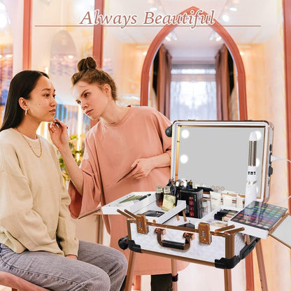 Medium Makeup Train Case with Code Lock, Lighted Mirror, Speaker Travel Cosmetic Organizer Box, Professional Artist Trolley Studio Free Standing Case