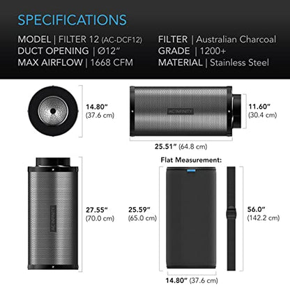AC Infinity Air Carbon Filter 12" with Premium Australian Virgin Charcoal, for Inline Duct Fan