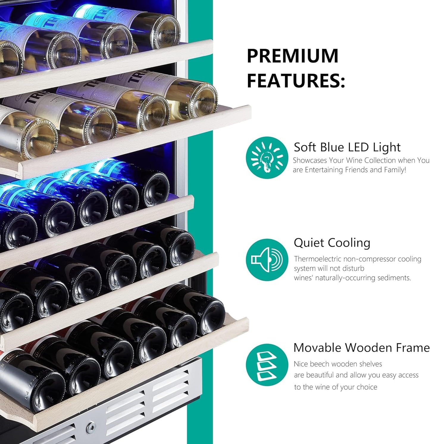 24 inch Wine Cooler, 46 Bottle - Dual Zone Built-in or Freestanding Fridge with Stainless Steel Reversible Glass Door, for Home, Kitchen, or Office.
