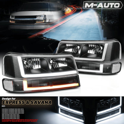 A set of 4 LED running light bars L+R black headlights + bumper signals for 2003-2014 Chevrolet Express 1500,2003-2023 Chevrolet Express 2500