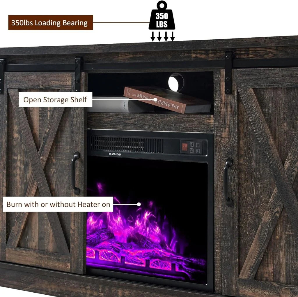 AMERLIFE Fireplace TV Stand with Sliding Barn Door for TVs up to 73", Farmhouse 63" Fireplace Entertainment Center with Storage Cabinets/Adjustable Shelves
