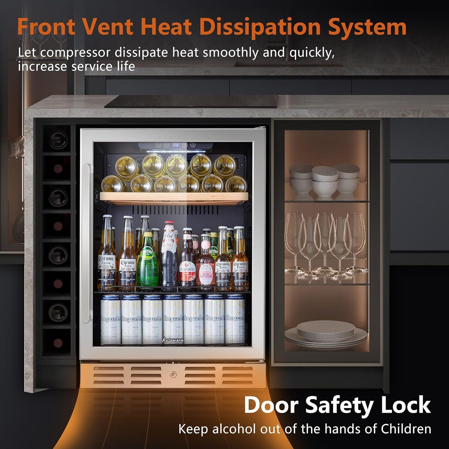 24 inch Wine Cooler, 46 Bottle - Dual Zone Built-in or Freestanding Fridge with Stainless Steel Reversible Glass Door, for Home, Kitchen, or Office.