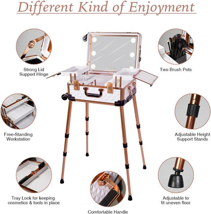 Medium Makeup Train Case with Code Lock, Lighted Mirror, Speaker Travel Cosmetic Organizer Box, Professional Artist Trolley Studio Free Standing Case