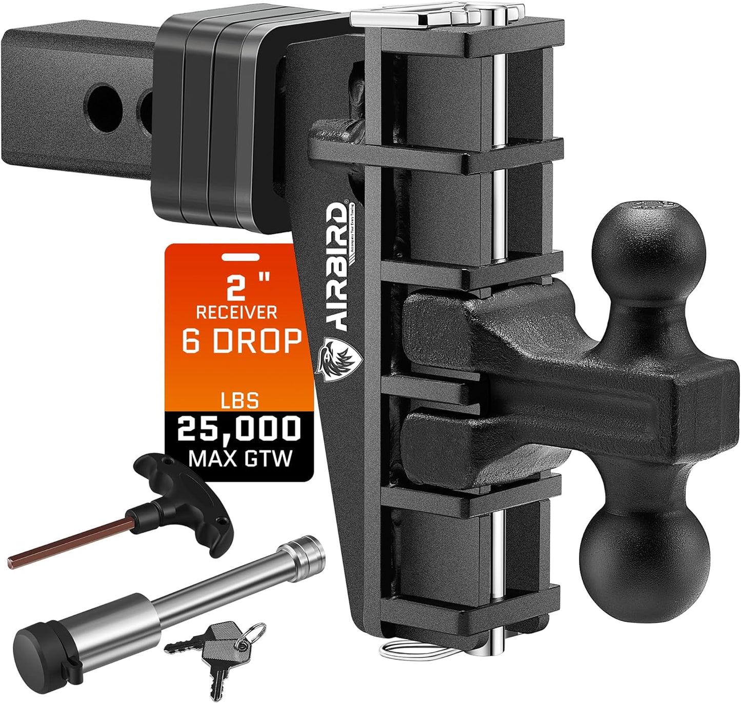 Adjustable Trailer Hitch Fits 2-Inch Receiver, Heavy Duty Tow Hitches (17000 LBS GTW) 6 Inch Drop Truck Hitch Tri-Ball Mount with Hook (1-7/8" x 2" x 2-5/16")