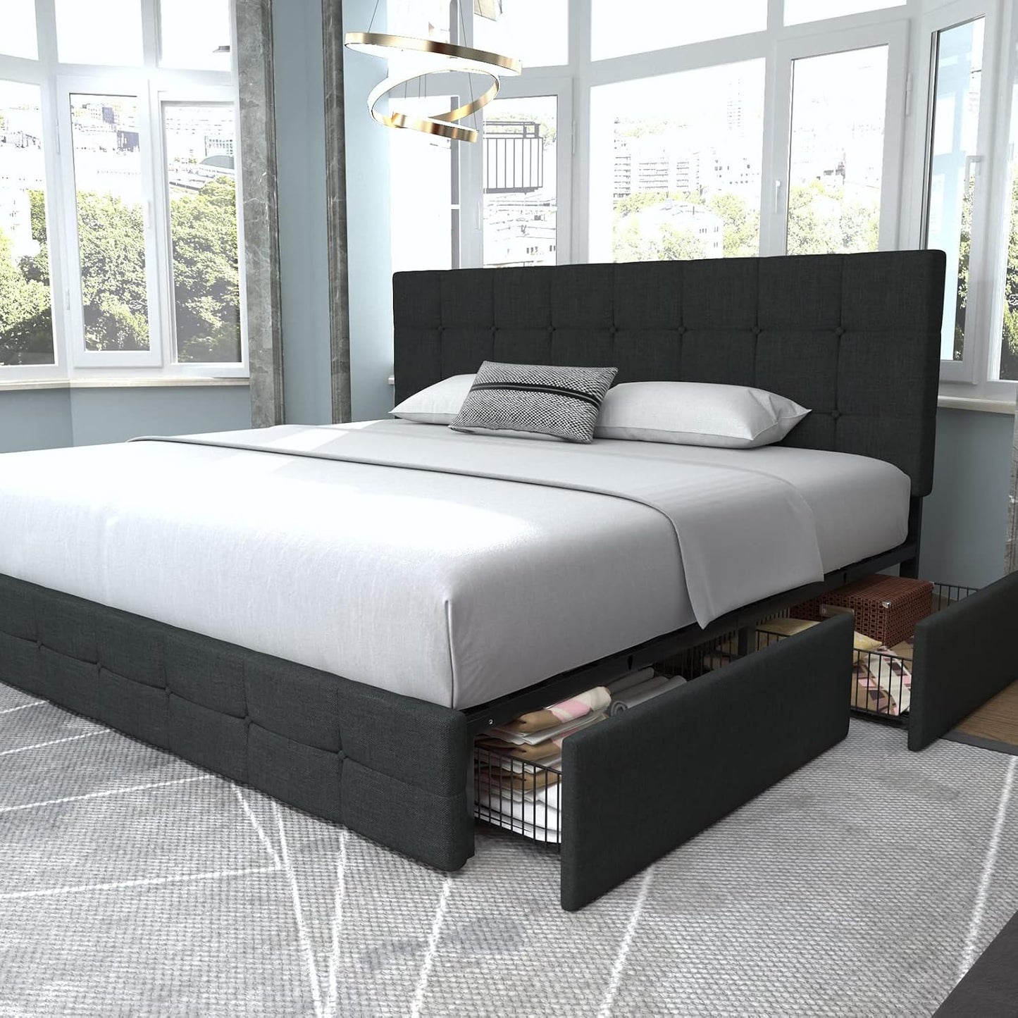 Allewie Upholstered Queen Size Platform Bed Frame with 4 Storage Drawers and Headboard, Square Stitched Button Tufted, Mattress Foundation with Wooden Slats Support, No Box Spring Needed, Light Grey