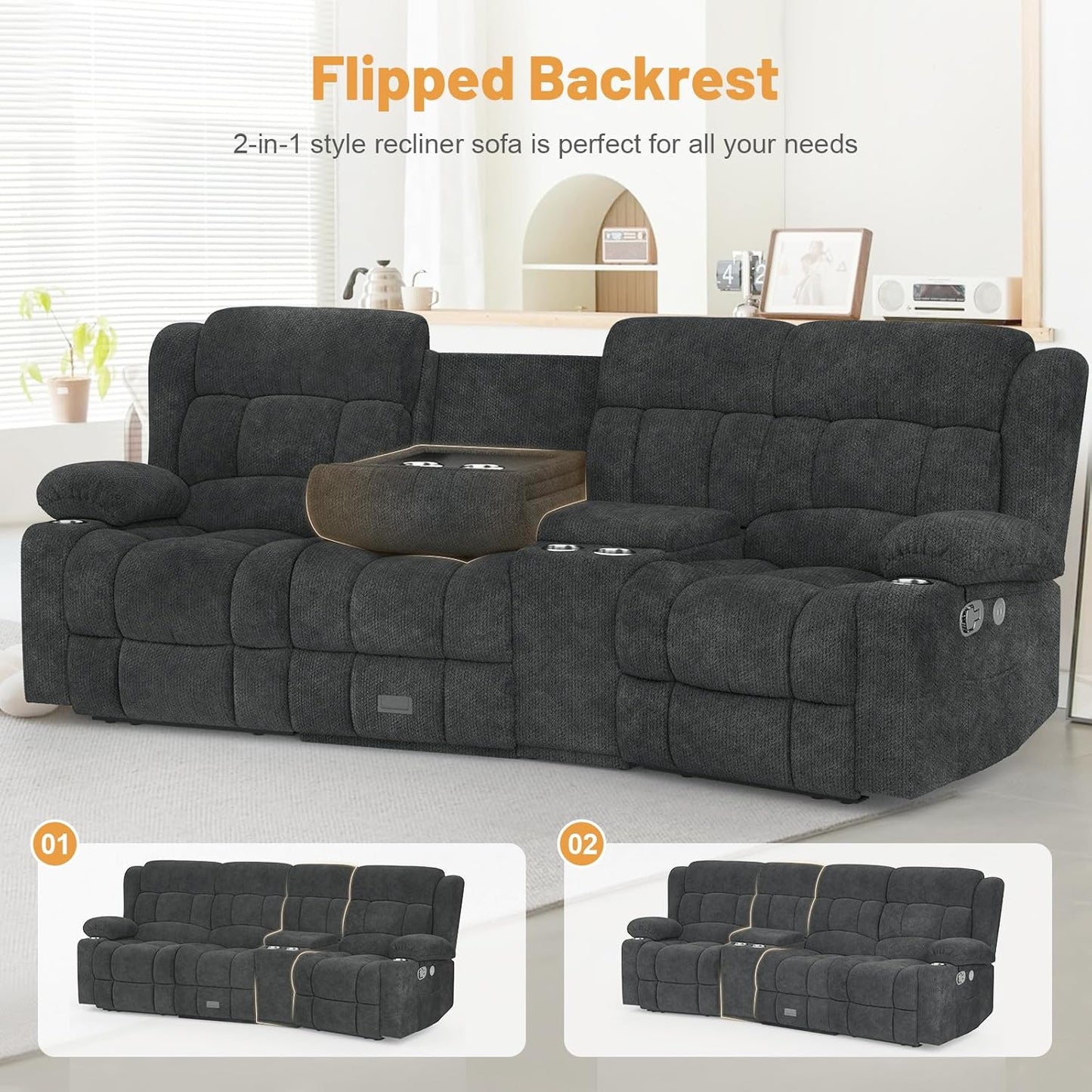 3 Seat Reclining Sofa with Storage Drawer USB Ports & Cup Holders Manual Couch