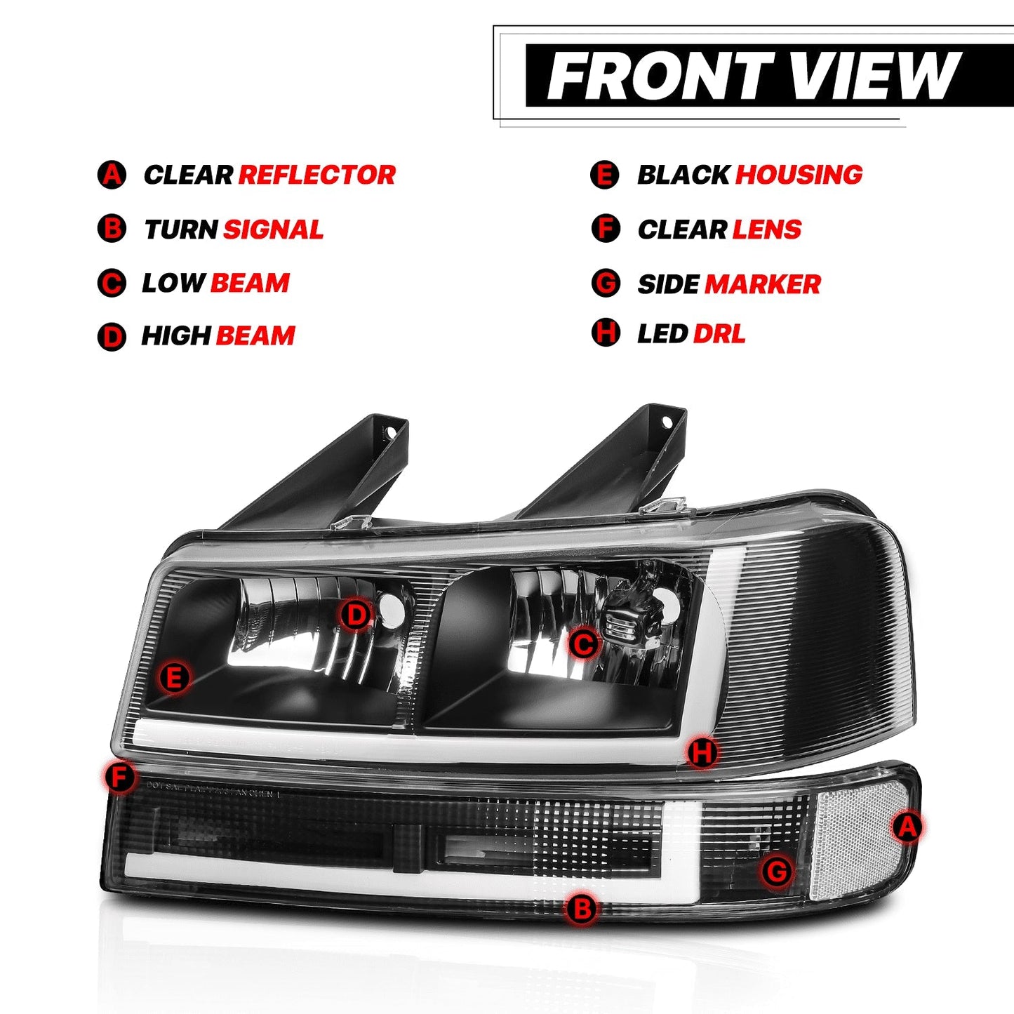 A set of 4 LED running light bars L+R black headlights + bumper signals for 2003-2014 Chevrolet Express 1500,2003-2023 Chevrolet Express 2500