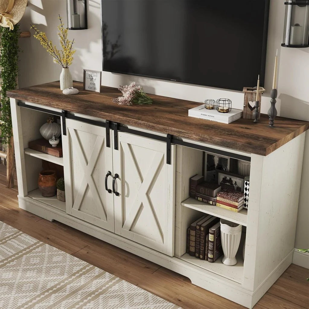 AMERLIFE Fireplace TV Stand with Sliding Barn Door for TVs up to 73", Farmhouse 63" Fireplace Entertainment Center with Storage Cabinets/Adjustable Shelves