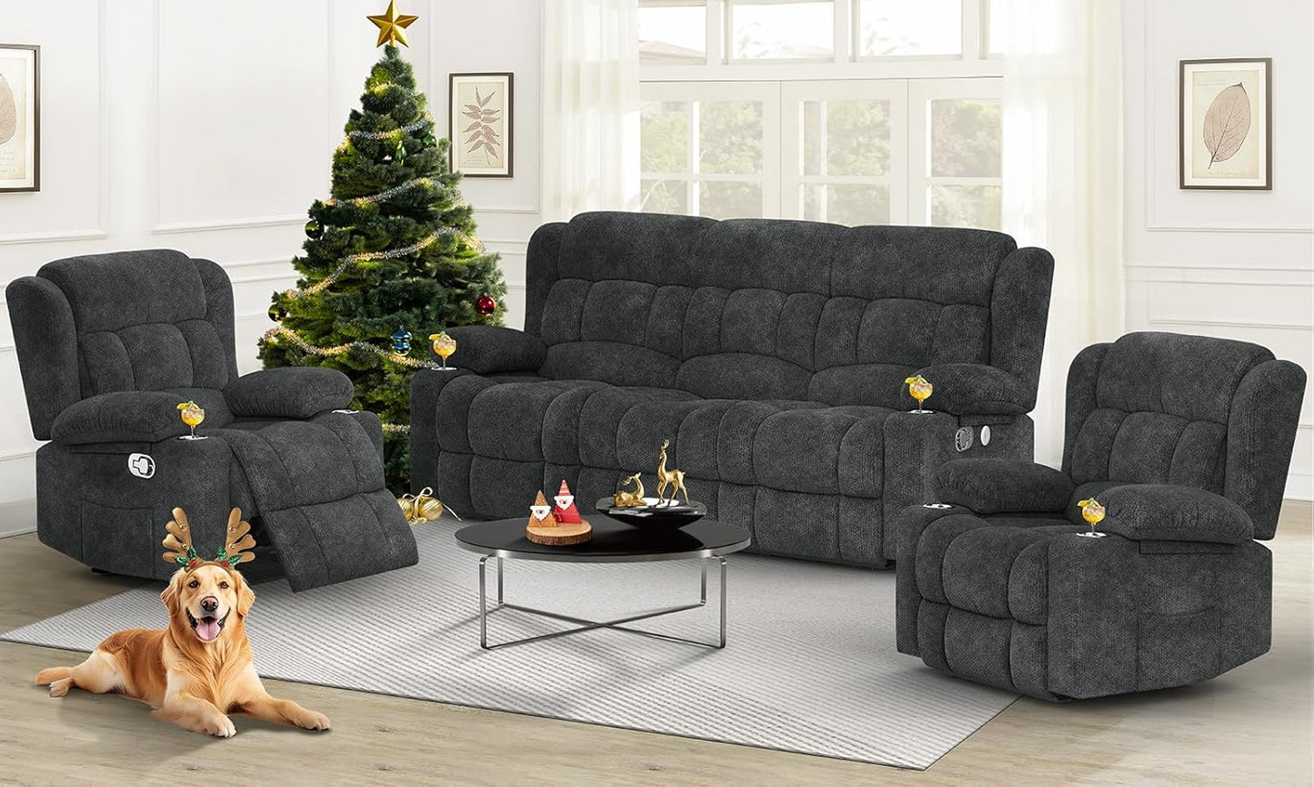 3 Seat Reclining Sofa with Storage Drawer USB Ports & Cup Holders Manual Couch