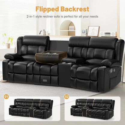 3 Seat Reclining Sofa with Storage Drawer USB Ports & Cup Holders Manual Couch