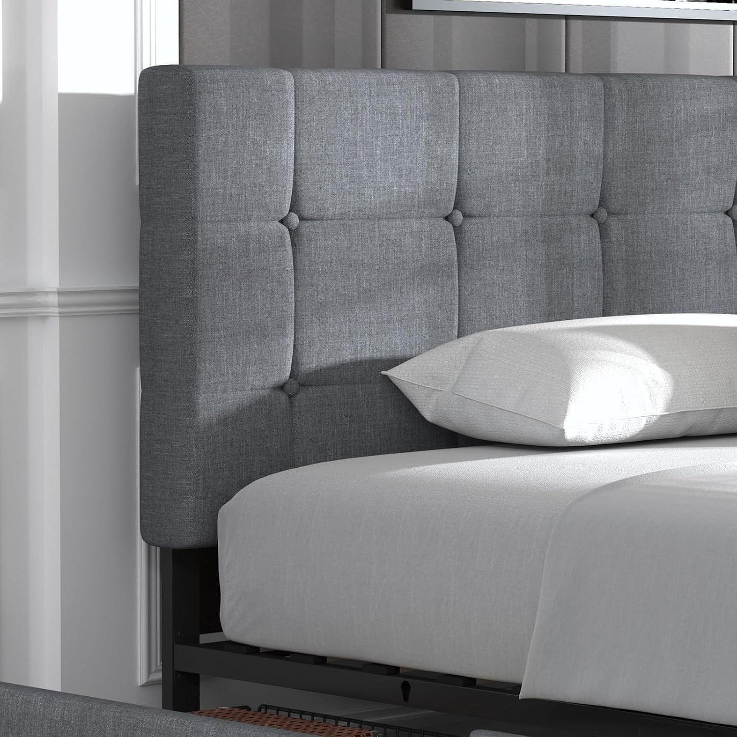 Allewie Upholstered Queen Size Platform Bed Frame with 4 Storage Drawers and Headboard, Square Stitched Button Tufted, Mattress Foundation with Wooden Slats Support, No Box Spring Needed, Light Grey