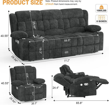 3 Seat Reclining Sofa with Storage Drawer USB Ports & Cup Holders Manual Couch