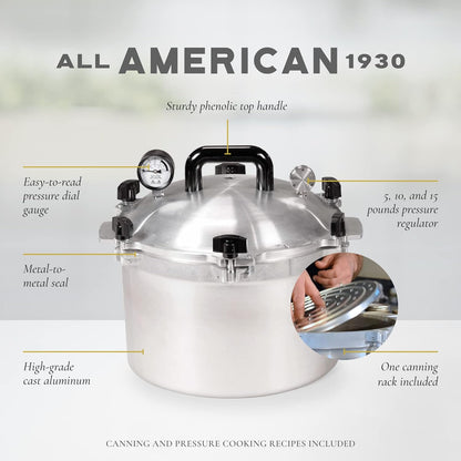 All American 1930: 21.5qt Pressure Cooker/Canner (The 921) – Exclusive Metal to Metal Sealing System – Easy to Open & Close – Suitable for Gas, Electric, or Flat Top Stoves – Made in the USA