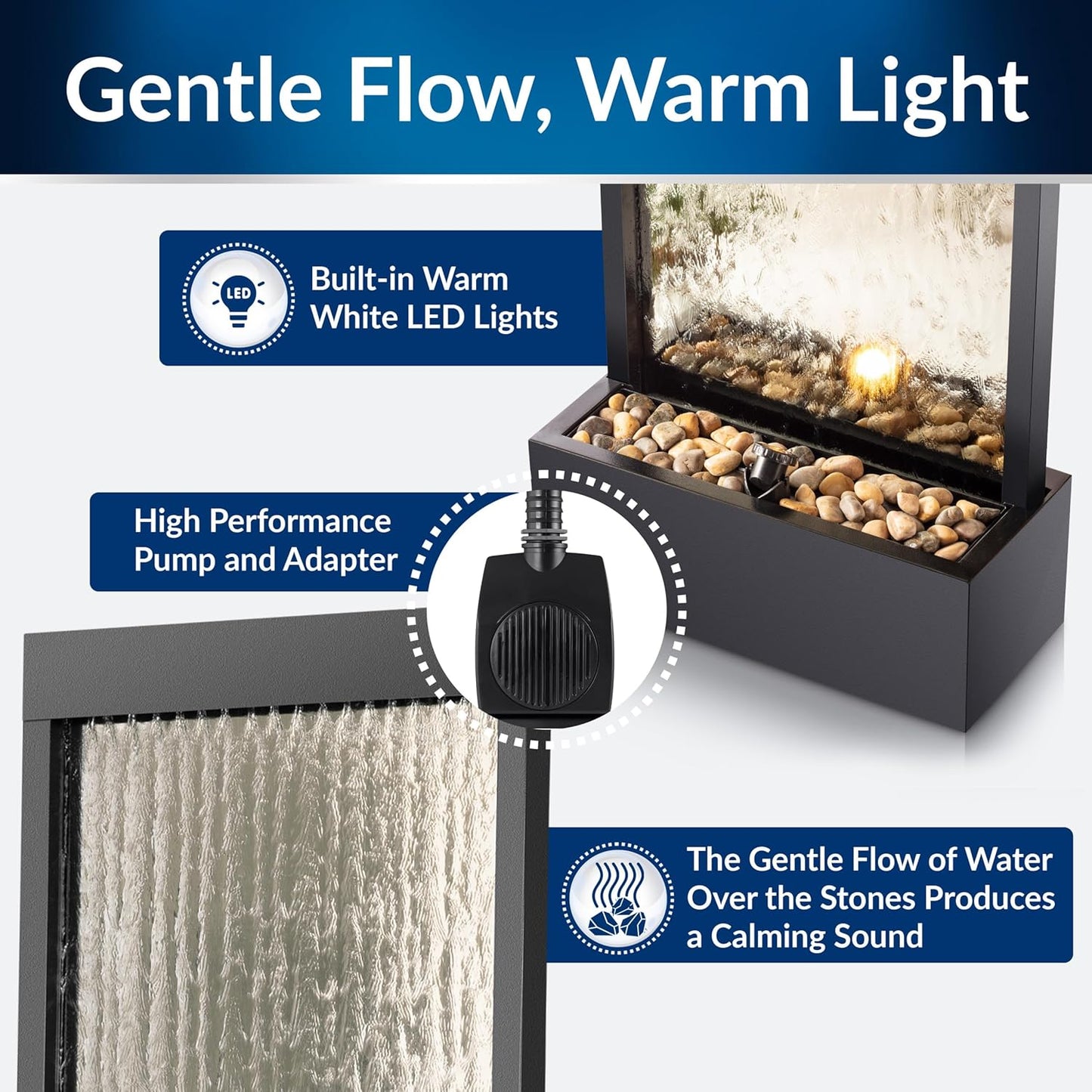 Alpine Mirror Waterfall Fountain with Stones & Lights, 72", Indoor/Outdoor Zen Decor