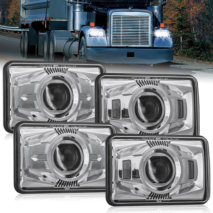 4x6 "Led Headlights 60W DOT Approved Hi/Lo Sealed Beam Rectangular headlights Replacement H4651 H4652 H4656 H4666 H6545 Compatible Kenworth Peter Bill Ford Freighter (silver, 4PCS)