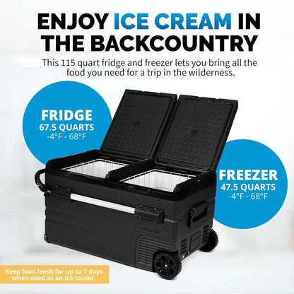 48 Qt. Portable 12v Electric Cooler with LG Compressor, Fridge and Freezer, Rugged Wheels, and Solar Power Input, Perfect Plug-In Cooler for Camping, Trucks, Travel, Car and Home