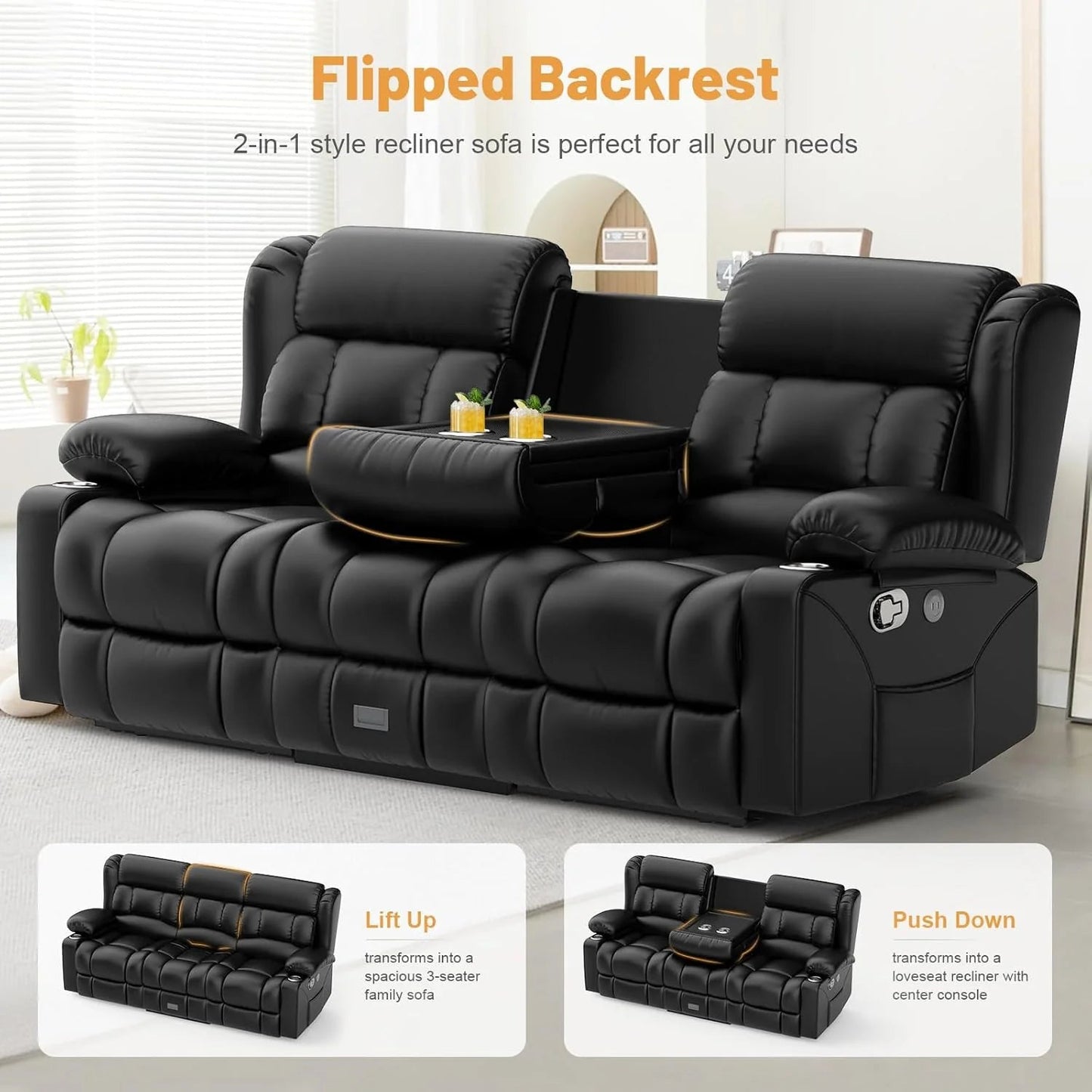 3 Seat Reclining Sofa with Storage Drawer USB Ports & Cup Holders Manual Couch