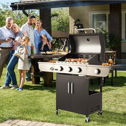 Upgraded 4 Burner BBQ Propane Gas Grill with Cast Iron Grates & Side Stove, 44,000 BTU Stainless Steel Burner Barbecue Grill for Patio, Camping, Outdoor Cooking MELLCOM