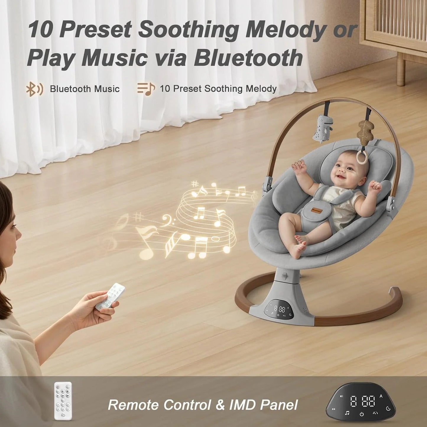 Baby Swings for Infants, Monamii Baby Swing, Bluetooth Infant Swing with Music Speaker, 5 Speeds and Remote Control, Indoor & Outdoor Use