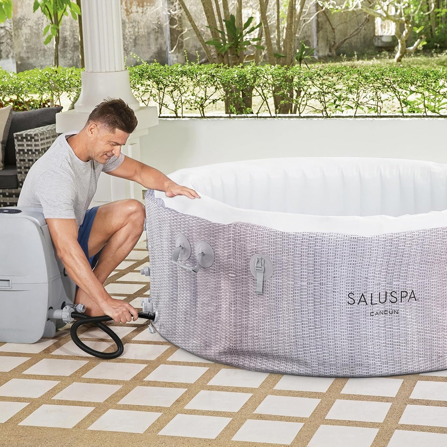 Bestway SaluSpa Fiji AirJet Large Round 2 to 4 Person Inflatable Hot Tub Portable Outdoor Spa with 120 AirJets and EnergySense Cover, Grey