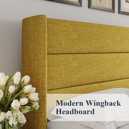 Allewie Queen Size Lift Up Storage Bed, Modern Wingback Headboard, Hydraulic Support, No Box Spring Needed, Light Beige