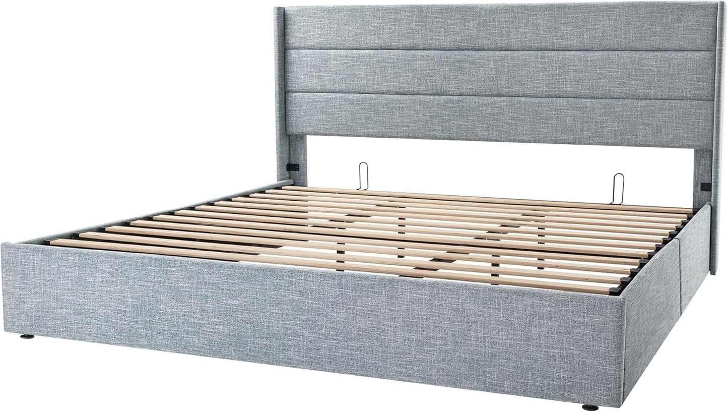 Allewie Queen Size Lift Up Storage Bed, Modern Wingback Headboard, Hydraulic Support, No Box Spring Needed, Light Beige