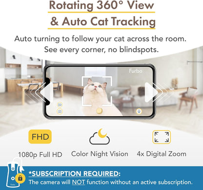 360° Cat Camera: See Your Cat from Anywhere | Rotating 360° Cat Tracking, Treat Toss, Color HD Night Vision, 2-Way Audio, Real-Time Notifications, Designed for Cats | Pet Camera w/Phone App