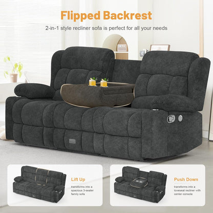 3 Seat Reclining Sofa with Storage Drawer USB Ports & Cup Holders Manual Couch
