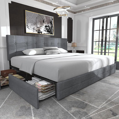 Allewie Upholstered Queen Size Platform Bed Frame with 4 Storage Drawers and Headboard, Square Stitched Button Tufted, Mattress Foundation with Wooden Slats Support, No Box Spring Needed, Light Grey