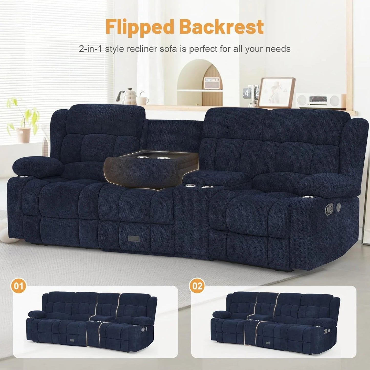 3 Seat Reclining Sofa with Storage Drawer USB Ports & Cup Holders Manual Couch