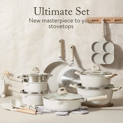 Non Stick Pots and Pans Set, 21 Pcs Induction Kitchen Cookware Sets (Beige Granite)