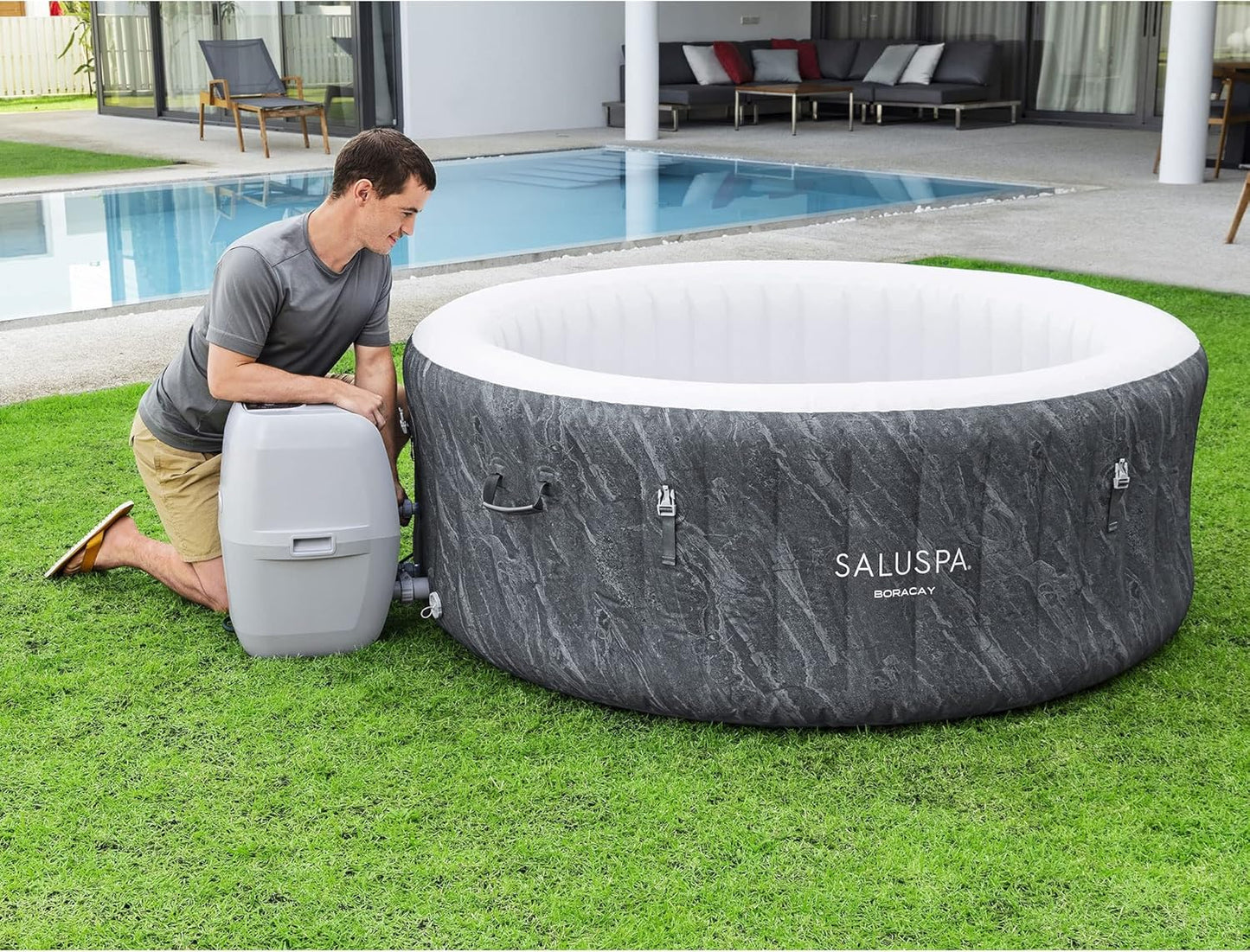 Bestway SaluSpa Fiji AirJet Large Round 2 to 4 Person Inflatable Hot Tub Portable Outdoor Spa with 120 AirJets and EnergySense Cover, Grey