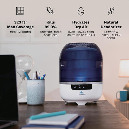 Bedroom Evaporative Humidifier, Humidifier and Air Purifier in One, with HOCL Generator, Mildew Remover, Pet Smoking Odor Eliminator, 538 Square Feet, Blue