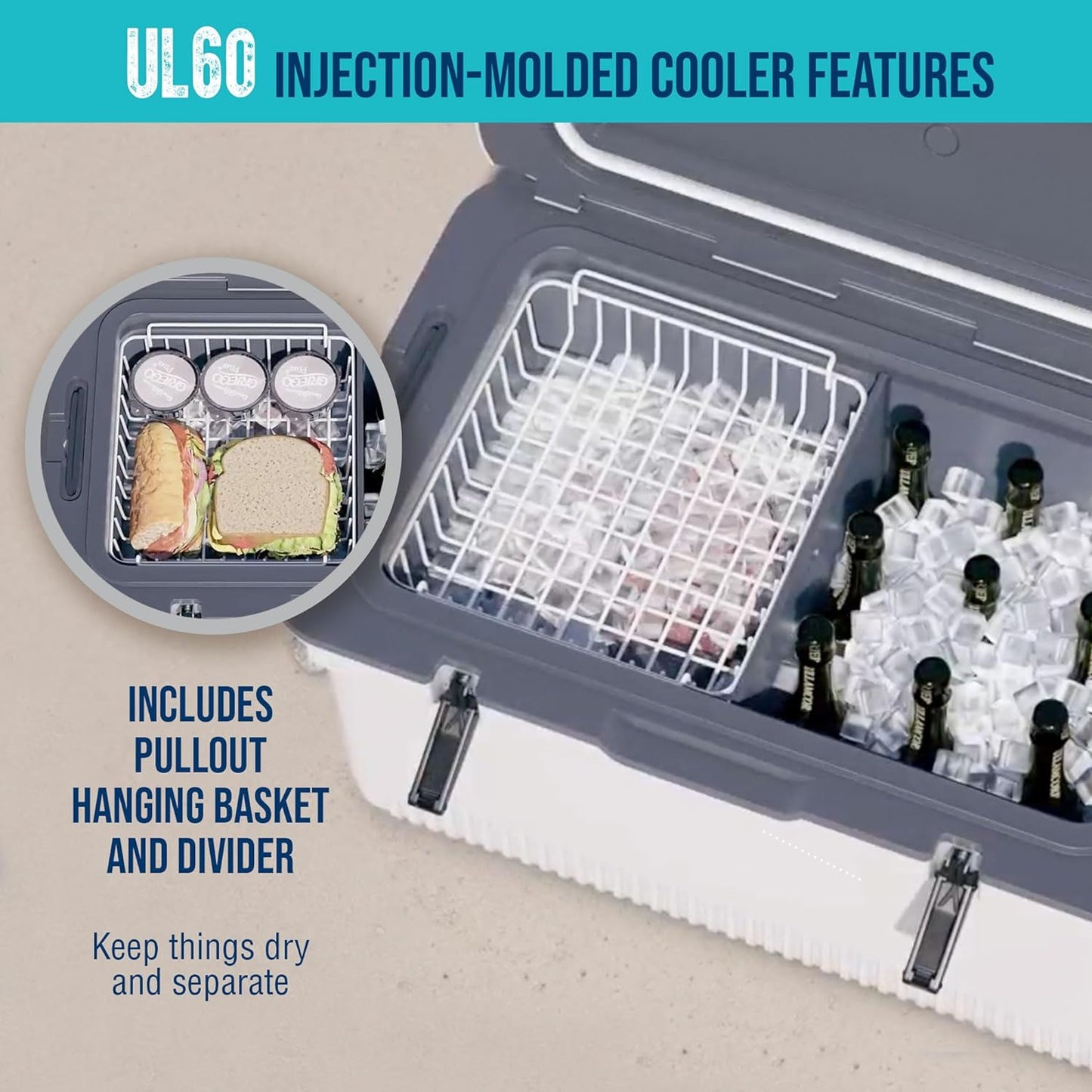 60 QT Ultra-Light Injection Molded Cooler - Ice Chest Keeps Ice up to 7 Days - Large Cooler Includes Wire Basket, Divider and Built-in Bottle Opener