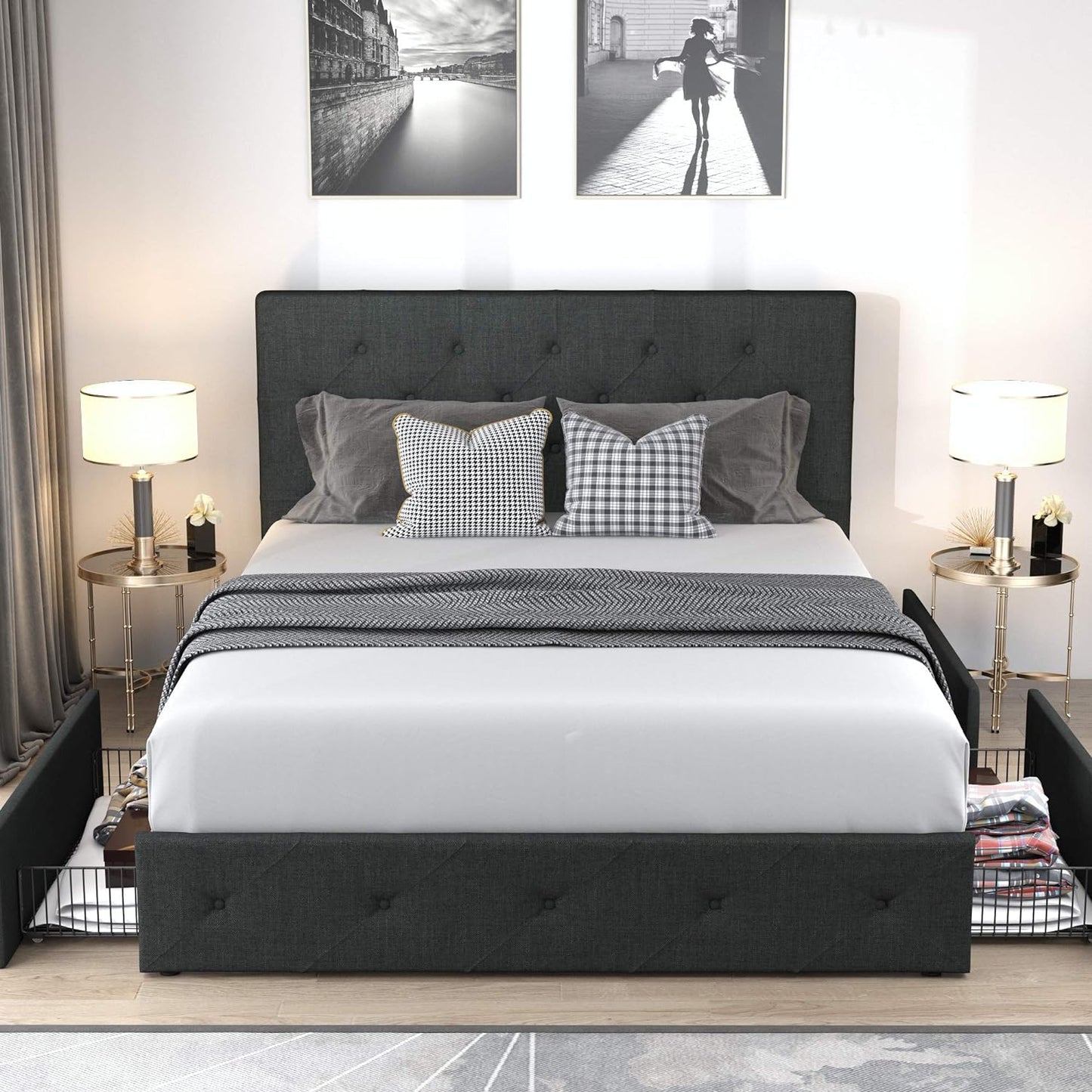 Allewie Upholstered Queen Size Platform Bed Frame with 4 Storage Drawers and Headboard, Square Stitched Button Tufted, Mattress Foundation with Wooden Slats Support, No Box Spring Needed, Light Grey