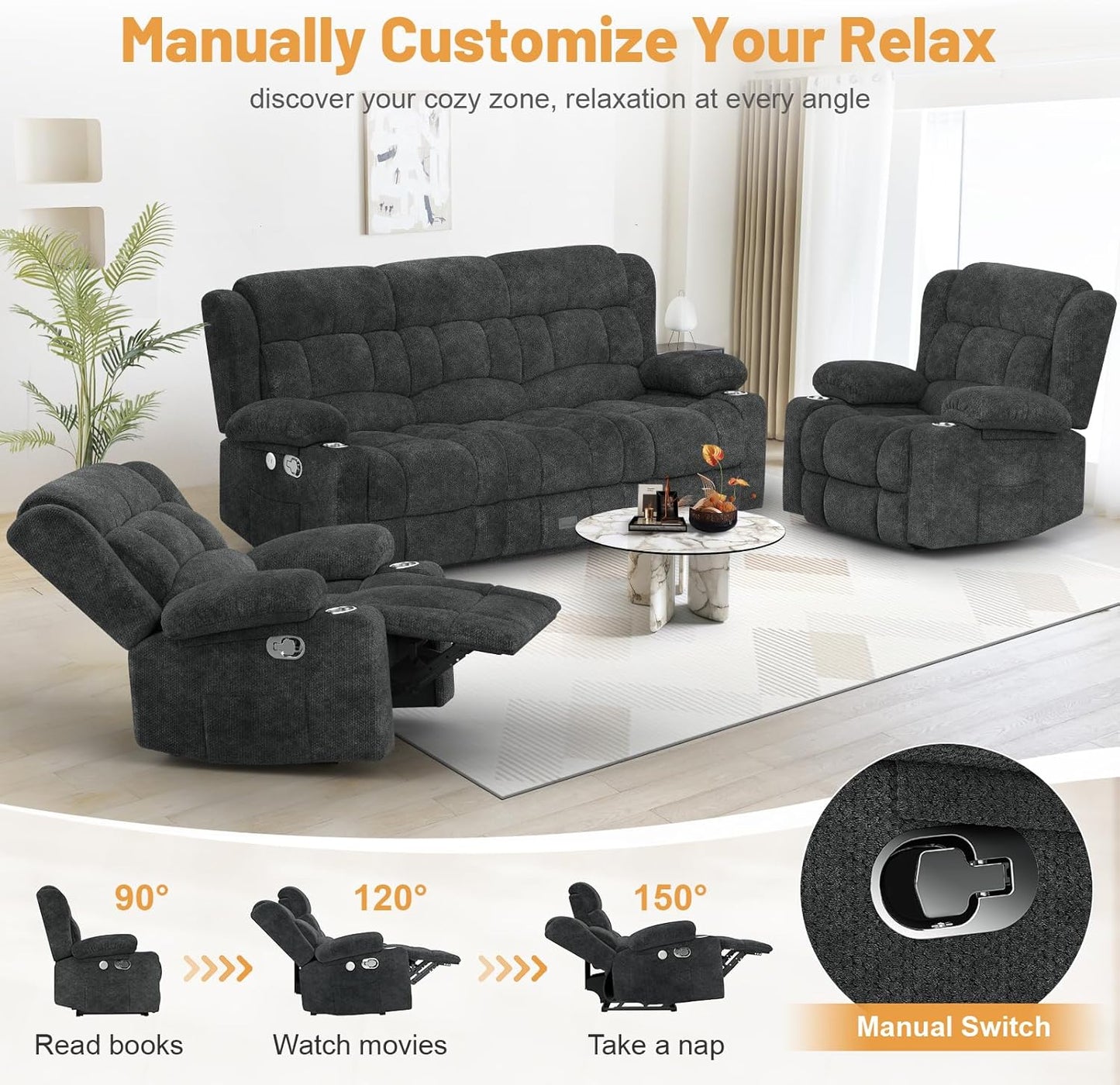 3 Seat Reclining Sofa with Storage Drawer USB Ports & Cup Holders Manual Couch