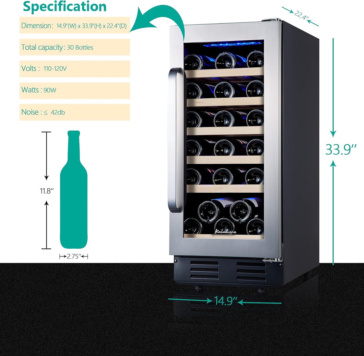 24 inch Wine Cooler, 46 Bottle - Dual Zone Built-in or Freestanding Fridge with Stainless Steel Reversible Glass Door, for Home, Kitchen, or Office.