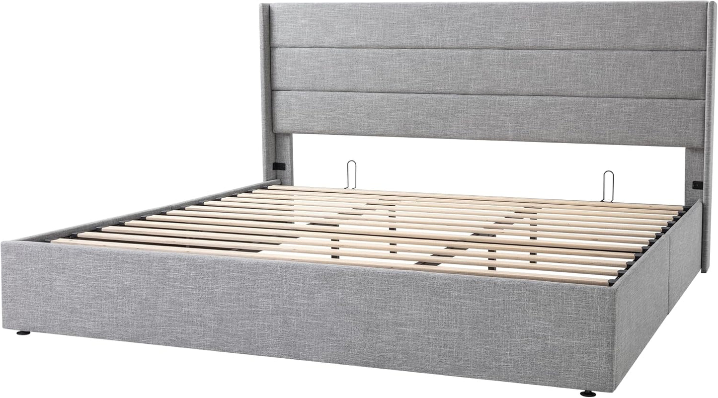 Allewie Queen Size Lift Up Storage Bed, Modern Wingback Headboard, Hydraulic Support, No Box Spring Needed, Light Beige