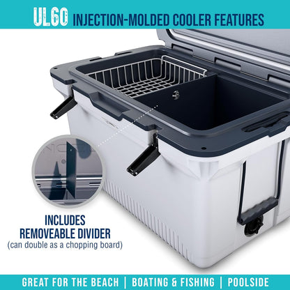 60 QT Ultra-Light Injection Molded Cooler - Ice Chest Keeps Ice up to 7 Days - Large Cooler Includes Wire Basket, Divider and Built-in Bottle Opener