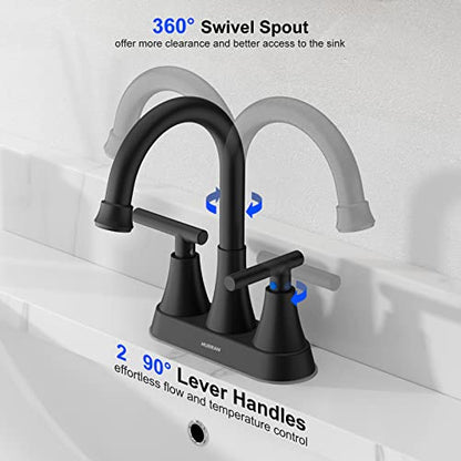 Bathroom Faucets for Sink 3 Hole, Hurran 4 inch Matte Black Bathroom Sink Faucet with Pop-up Drain