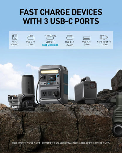 Anker Solar Generator SOLIX C300 with 60W Solar Panel, 288Wh Portable Power Station, 300W (600W Surge), LiFePO4 Battery, 140W Two-Way Fast Charging, for Outdoor Camping, Traveling, and Emergencies