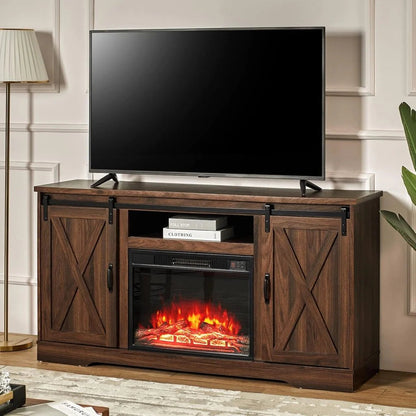 AMERLIFE Fireplace TV Stand with Sliding Barn Door for TVs up to 73", Farmhouse 63" Fireplace Entertainment Center with Storage Cabinets/Adjustable Shelves