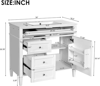 36" Bathroom Vanity with Single Sink Combo, Modern Undermount Bathroom Sink Cabinet with 2 Drawers and a Tip-Out Drawer, Freestanding Bathroom Vanities, Soft Closing, Solid Wood Frame