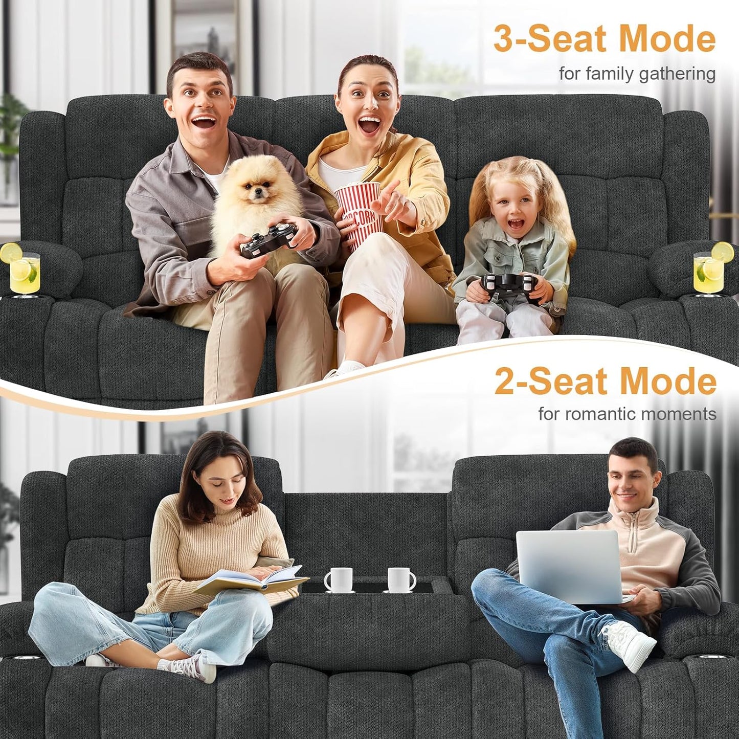 3 Seat Reclining Sofa with Storage Drawer USB Ports & Cup Holders Manual Couch